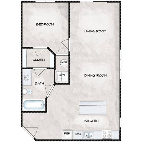 Floor plan for 1 bed, 1 bath, 640 sqft